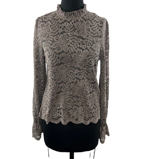 Eri+Ali Tops - Eri+Ali Brown Blouse Floral Lace Cropped Mock Neck Keyhole Formal Size Small S